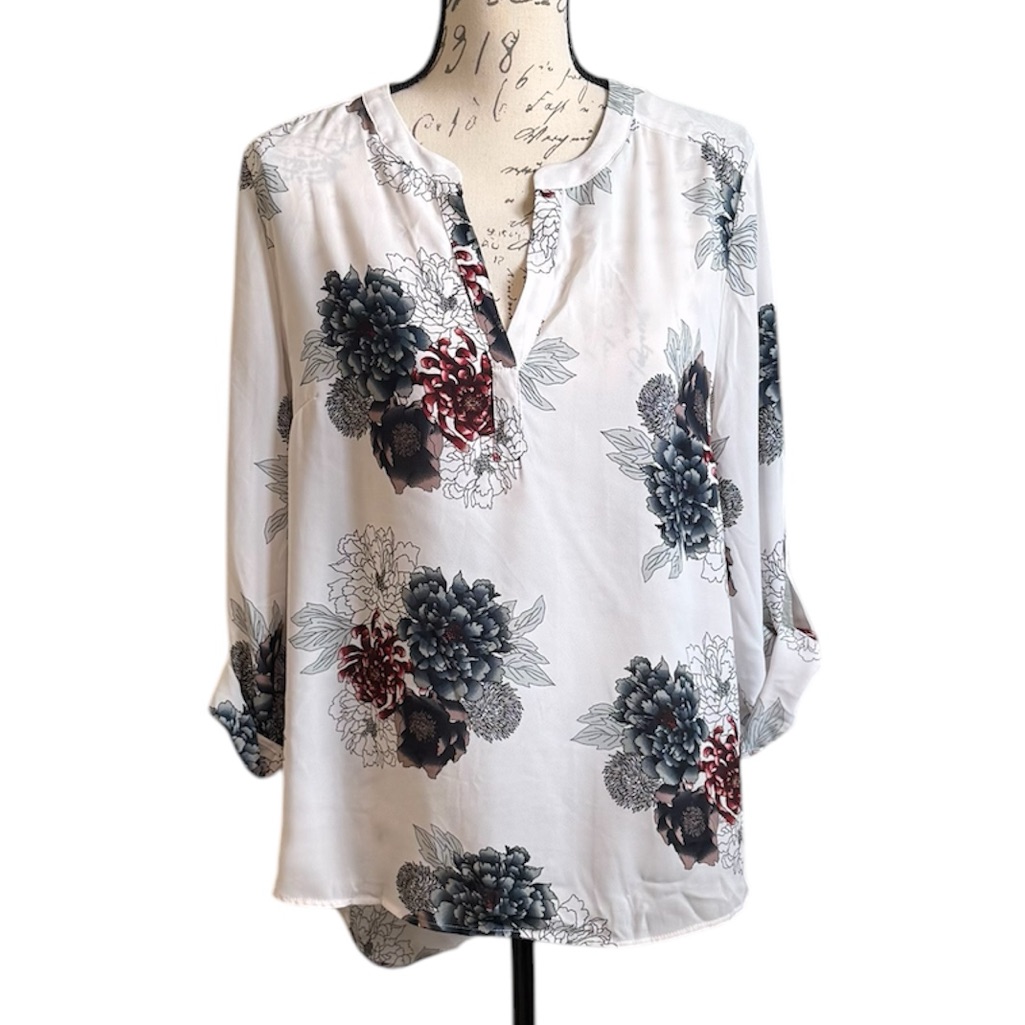 Floral Split-Neck Blouse - White With Navy & Burgundy Flowers